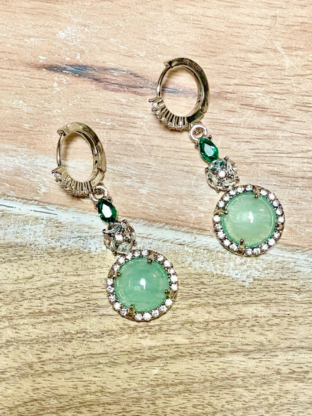 Gold Drop Earrings with Mint Green and Emerald Stones - Women Jewelry